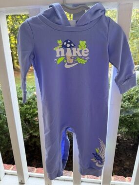 Nike Lavender Hooded Baby Romper with Frog & Mushroom Graphic